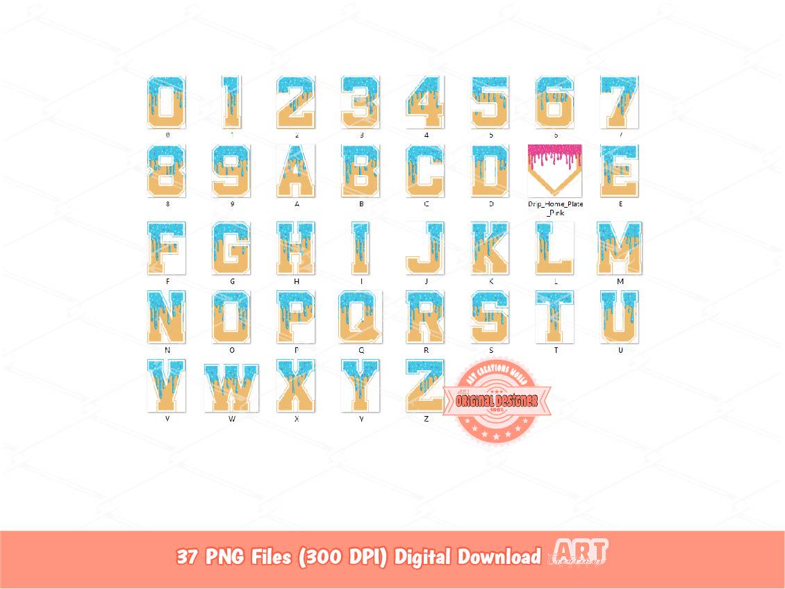 Sprinkle Drip Varsity Alphabet PNG, Drippy Pink & Blue Ice Cream Sports letters, numbers 0-9 Clipart, Waffle Cone Alpha Set and Home Plate
