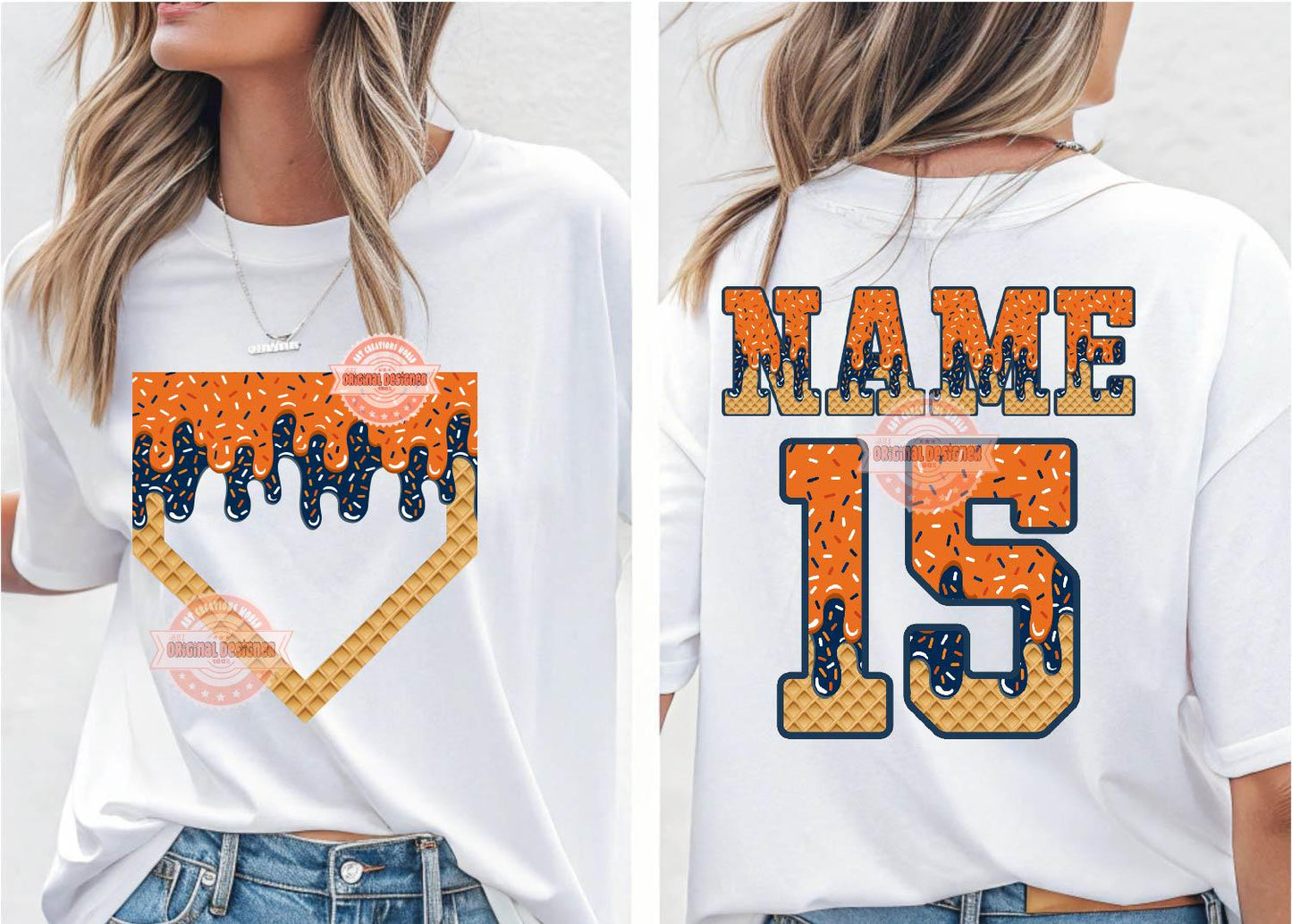 Orange Navy Sprinkle Drip Varsity Alphabet & Home Plate PNG Bundle, Drippy Ice Cream Waffle cone Sports letters, numbers 0-9 Alpha Clipart