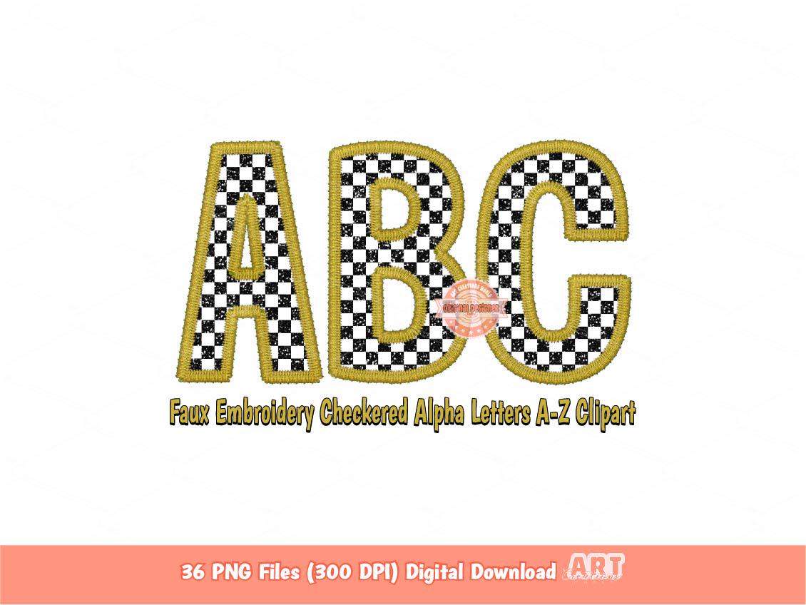 Old Gold Faux Embroidery Checkered Letters PNG, Racing Black and white Alpha Set Clipart, Checkerboard Alphabet Sublimation Digital Download