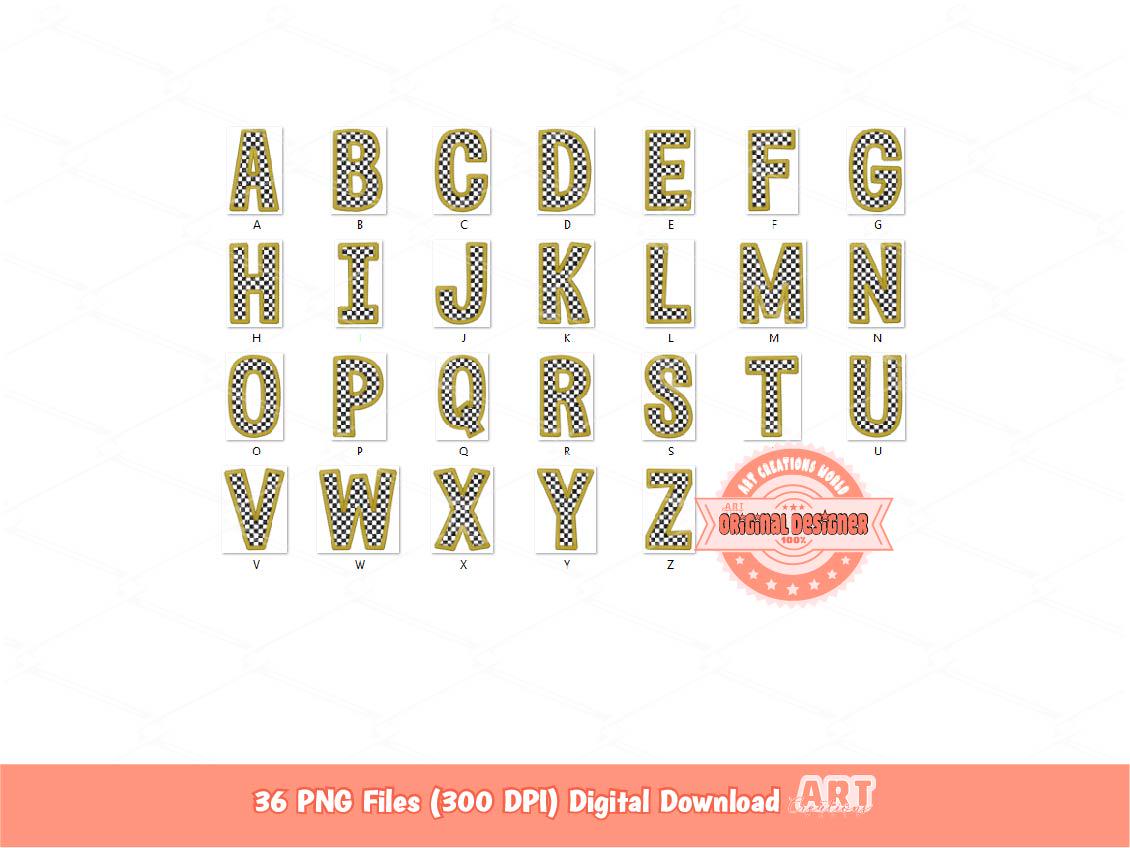 Old Gold Faux Embroidery Checkered Letters PNG, Racing Black and white Alpha Set Clipart, Checkerboard Alphabet Sublimation Digital Download