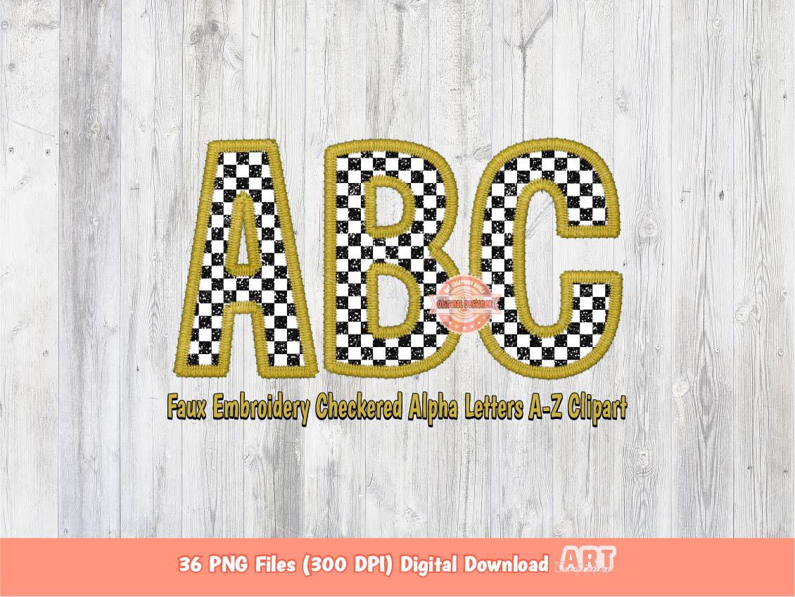 Old Gold Faux Embroidery Checkered Letters PNG, Racing Black and white Alpha Set Clipart, Checkerboard Alphabet Sublimation Digital Download