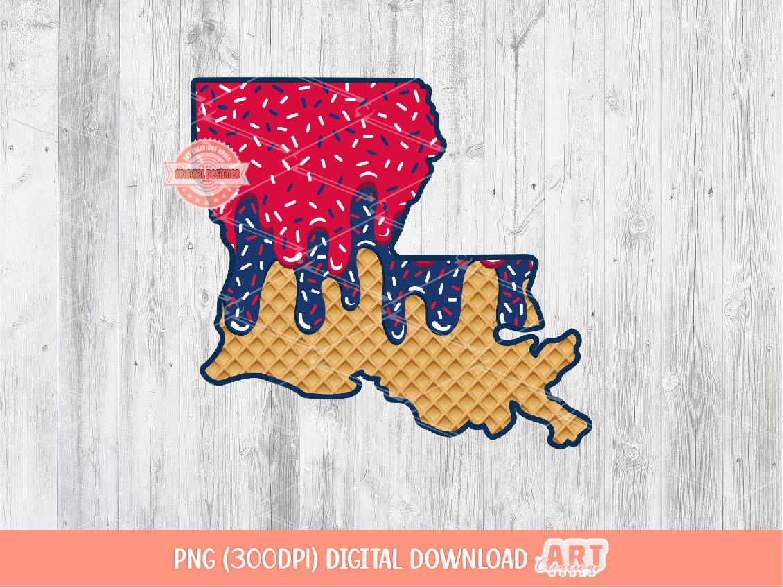Red Navy Sprinkle Drip Louisiana PNG, Custom Drippy Ice Cream US State Waffle Cone Png for Sublimation & dtf Shirt Design Digital Download
