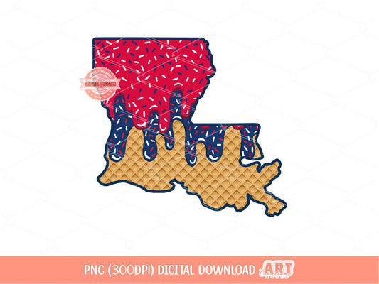 Red Navy Sprinkle Drip Louisiana PNG, Custom Drippy Ice Cream US State Waffle Cone Png for Sublimation & dtf Shirt Design Digital Download