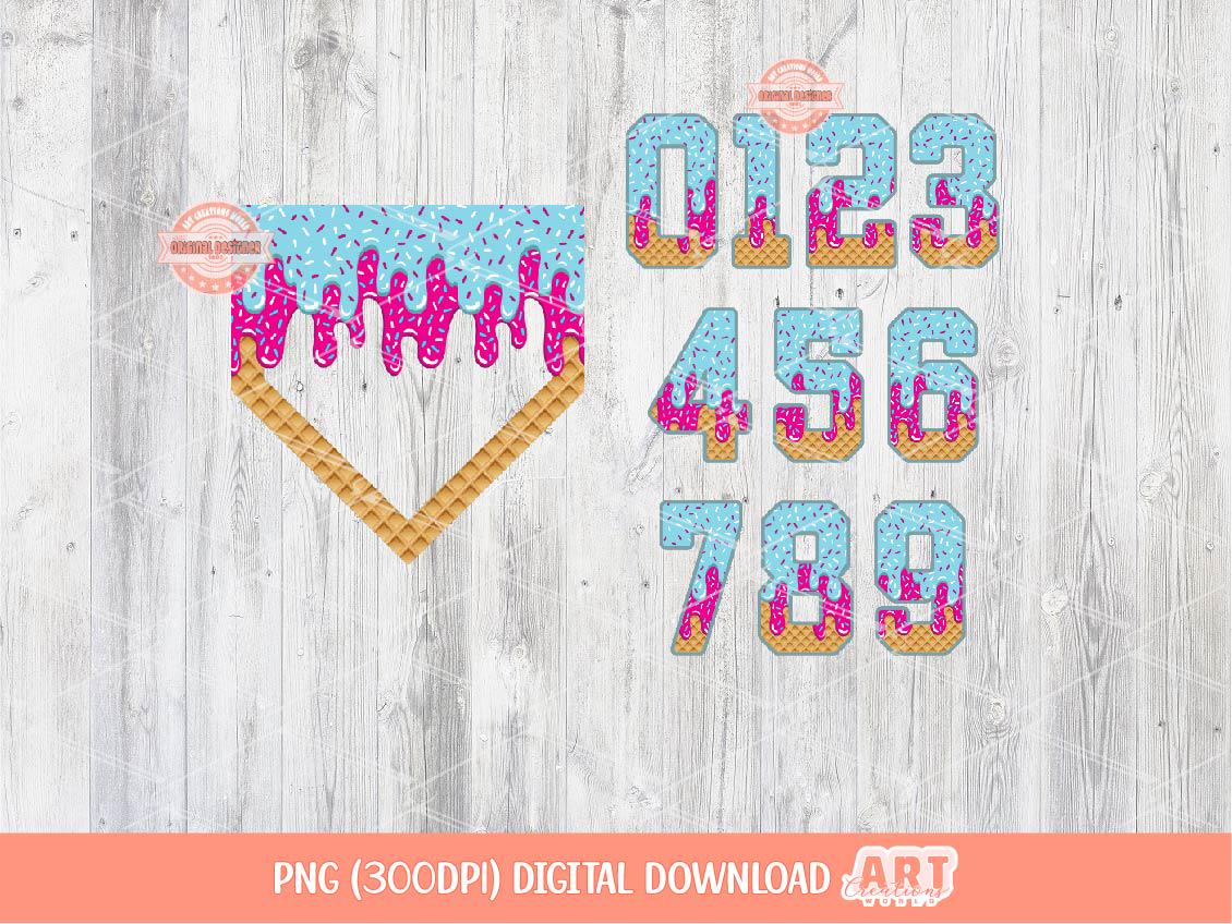 Drip Numbers & Home Plate PNG Bundle, Pink Blue Ice Cream Baseball Game Day Clipart