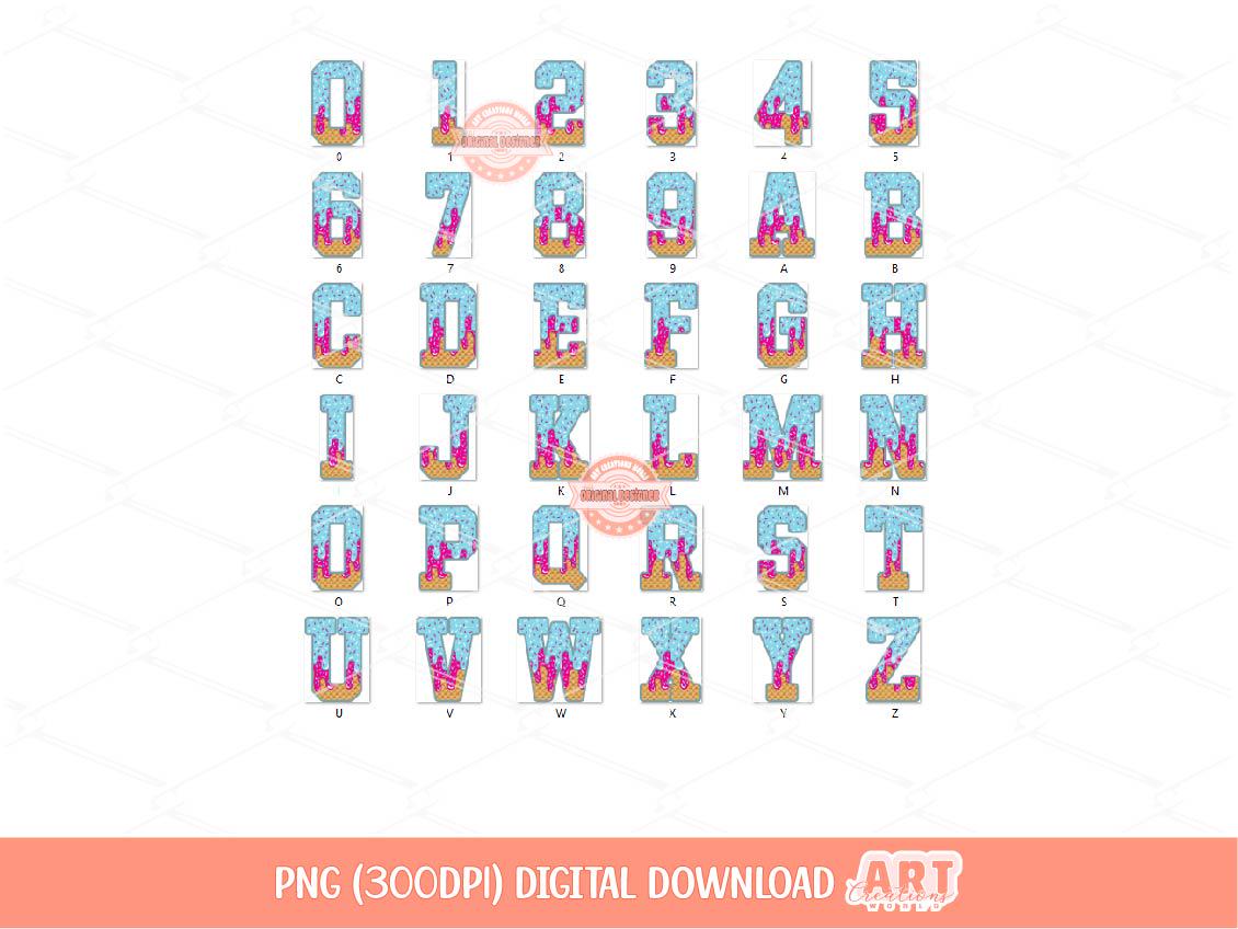 Pink Blue Drip Letters & Numbers PNG, Trendy Drippy Sprinkle Ice Cream Sports Alphabet Set Clipart Waffle Baseball Alpha Digital Download
