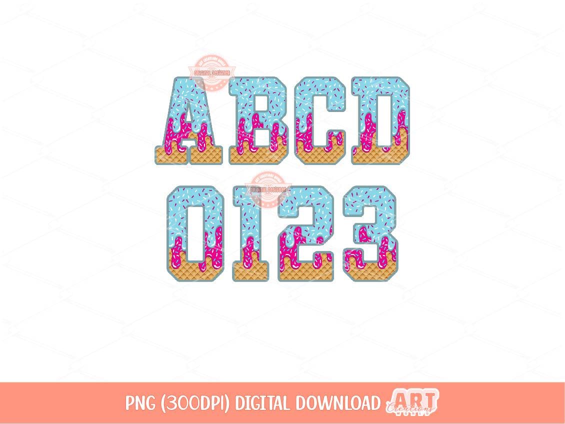 Pink Blue Drip Letters & Numbers PNG, Trendy Drippy Sprinkle Ice Cream Sports Alphabet Set Clipart Waffle Baseball Alpha Digital Download