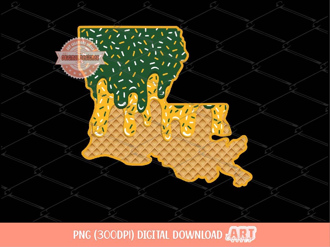 Green Gold Sprinkle Drip Louisiana PNG, Custom Drippy Ice Cream US State Waffle Cone Png for Sublimation & dtf Shirt Design Digital Download