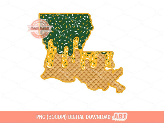 Green Gold Sprinkle Drip Louisiana PNG, Custom Drippy Ice Cream US State Waffle Cone Png for Sublimation & dtf Shirt Design Digital Download