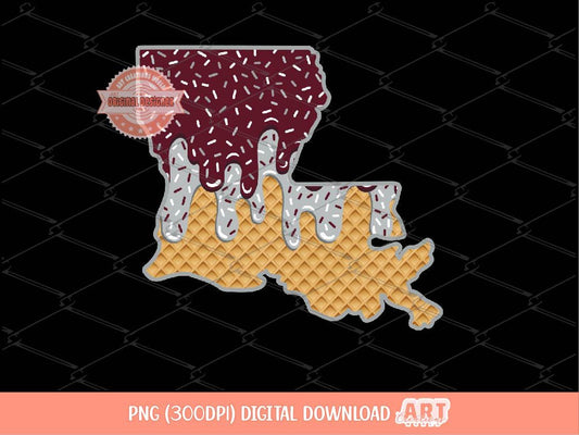 Maroon Grey Sprinkle Drip Louisiana PNG, Custom Drippy Ice Cream US State Waffle Cone Png for Sublimation, dtf Shirt Design Digital Download