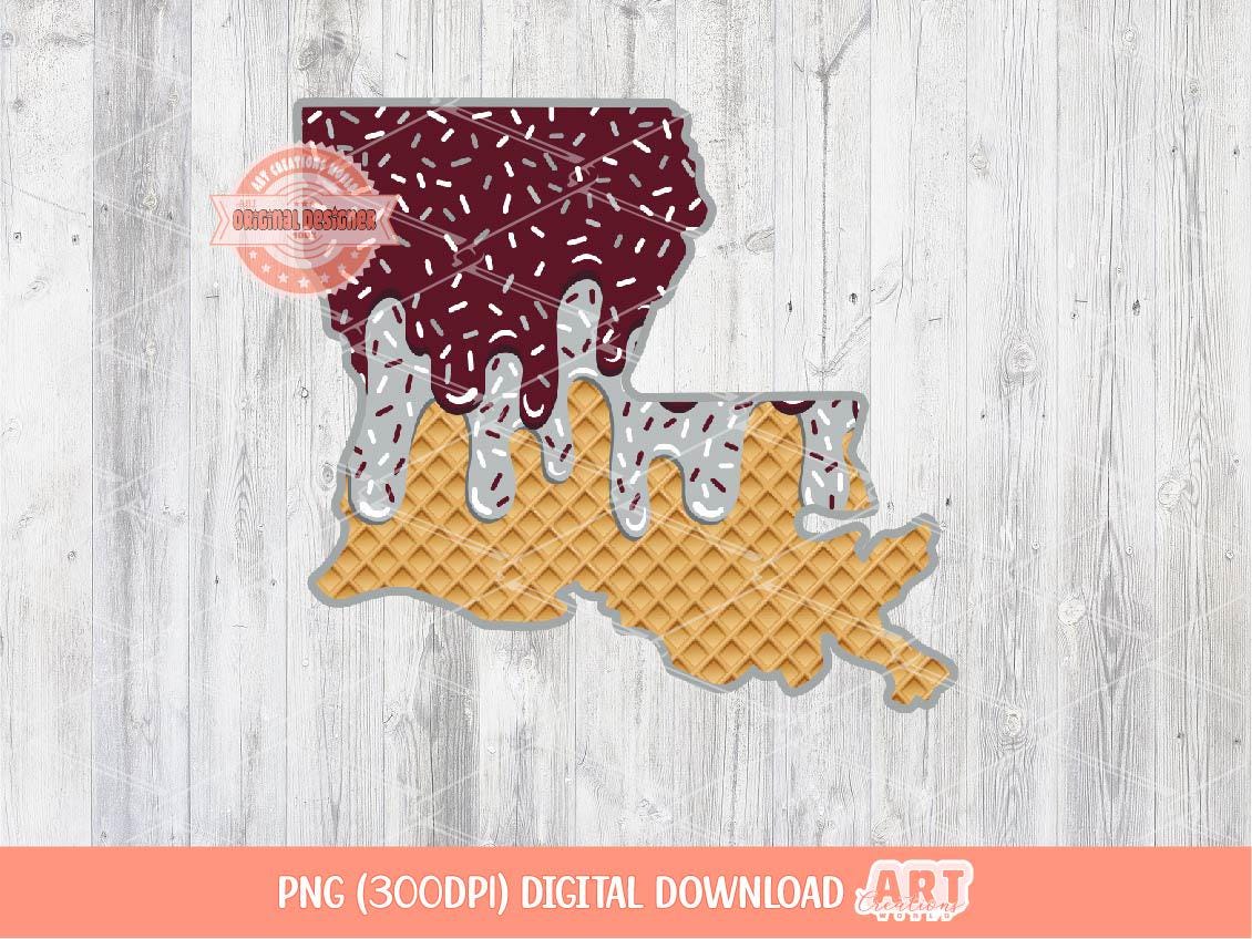 Maroon Grey Sprinkle Drip Louisiana PNG, Custom Drippy Ice Cream US State Waffle Cone Png for Sublimation, dtf Shirt Design Digital Download