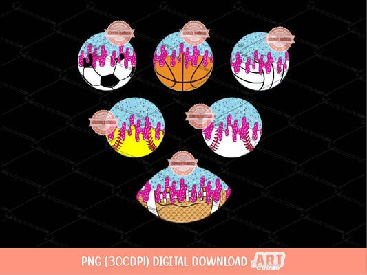 Sprinkle Drip Sports Balls PNG Bundle, Baseball Softball Basketball Volleyball Football Soccer Ball PNG Sublimation Clipart Digital Download