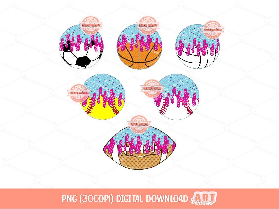 Sprinkle Drip Sports Balls PNG Bundle, Baseball Softball Basketball Volleyball Football Soccer Ball PNG Sublimation Clipart Digital Download