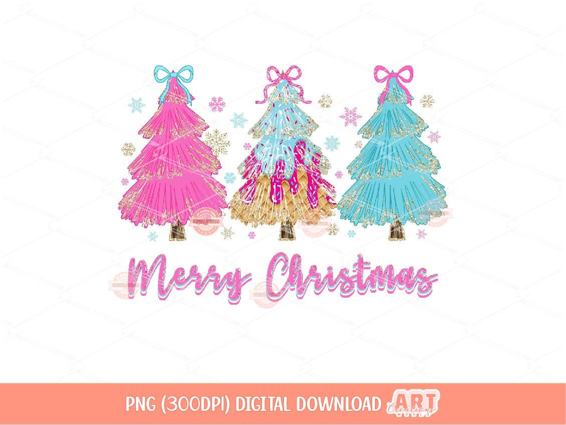 Preppy Pink Drip Christmas Png, Coquette Bright Neon Pink Blue Ice Cream Merry Christmas 3 trees with Bows gold Glitter sublimation, Dtf