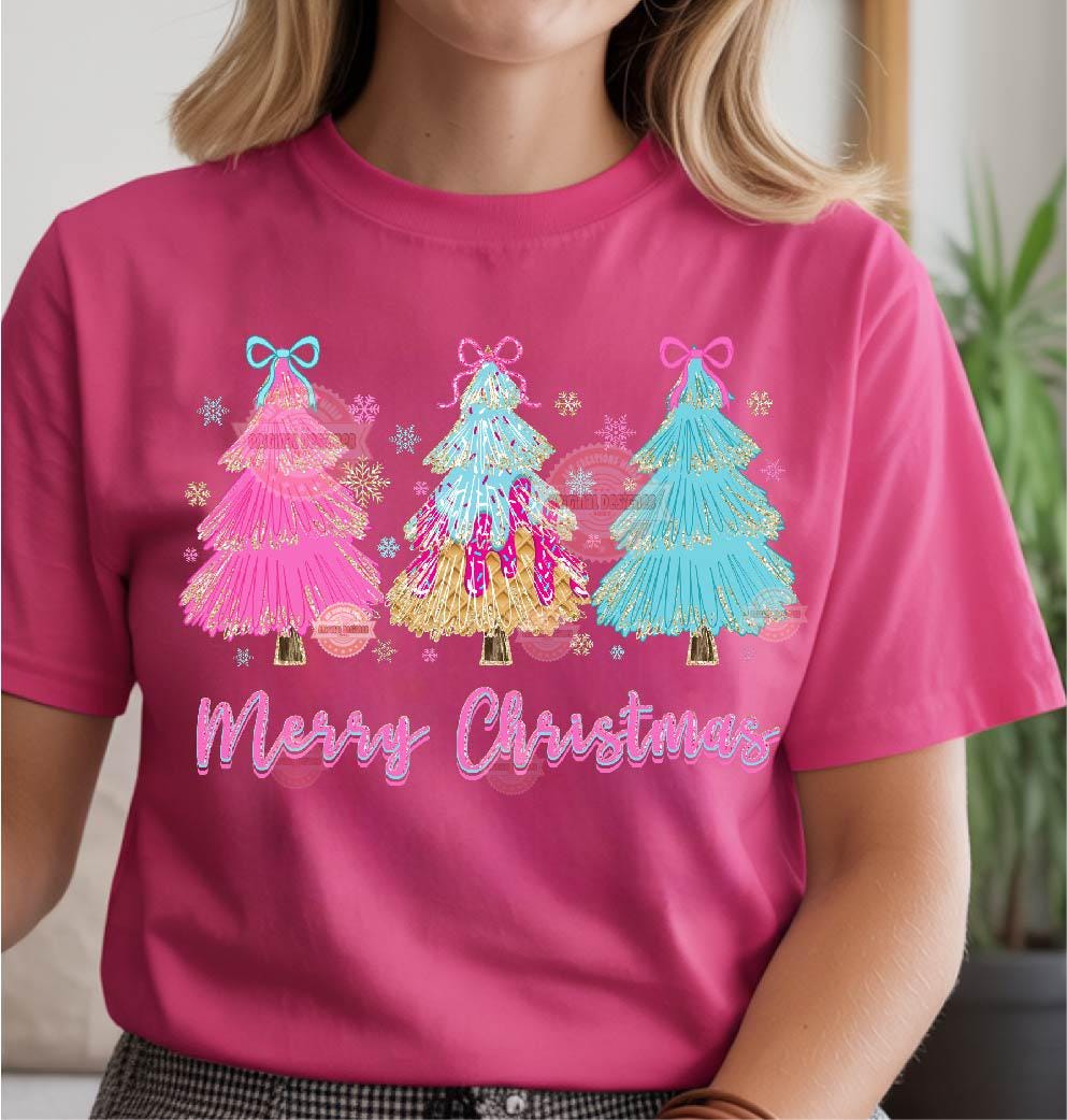 Preppy Pink Drip Christmas Png, Coquette Bright Neon Pink Blue Ice Cream Merry Christmas 3 trees with Bows gold Glitter sublimation, Dtf