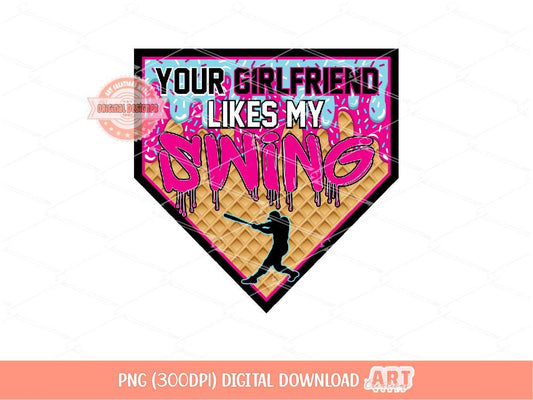 Your Girlfriend Likes My Swing PNG, Pink & Blue Sprinkle Drip Ice Cream Waffle Cone Baseball Png Sublimation Shirt Design Digital Download