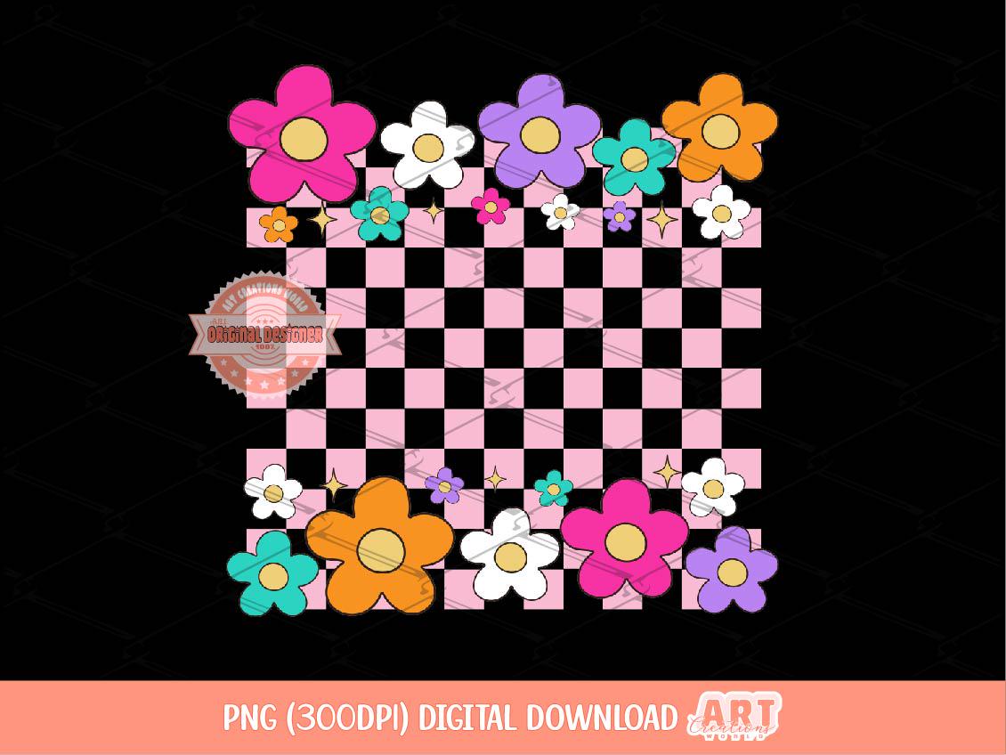 Neon Checkered Floral Background PNG, Colorful Bright Groovy daisy flowers Check frame Clipart Coquette Preppy Girly frames PNG Sublimation