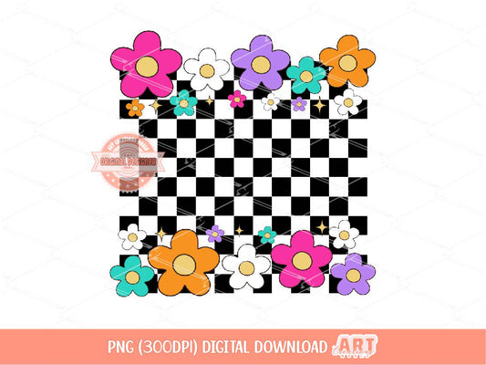 Neon Checkered Floral Background PNG, Colorful Bright Groovy daisy flowers Check frame Clipart Coquette Preppy Girly frames PNG Sublimation
