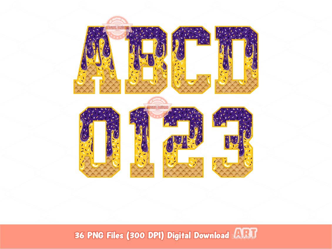 Purple Gold Drip Alphabet PNG, Trendy Drippy Sprinkle Ice Cream Sports Letters & Numbers Clipart Waffle Football Alpha Png Digital Download