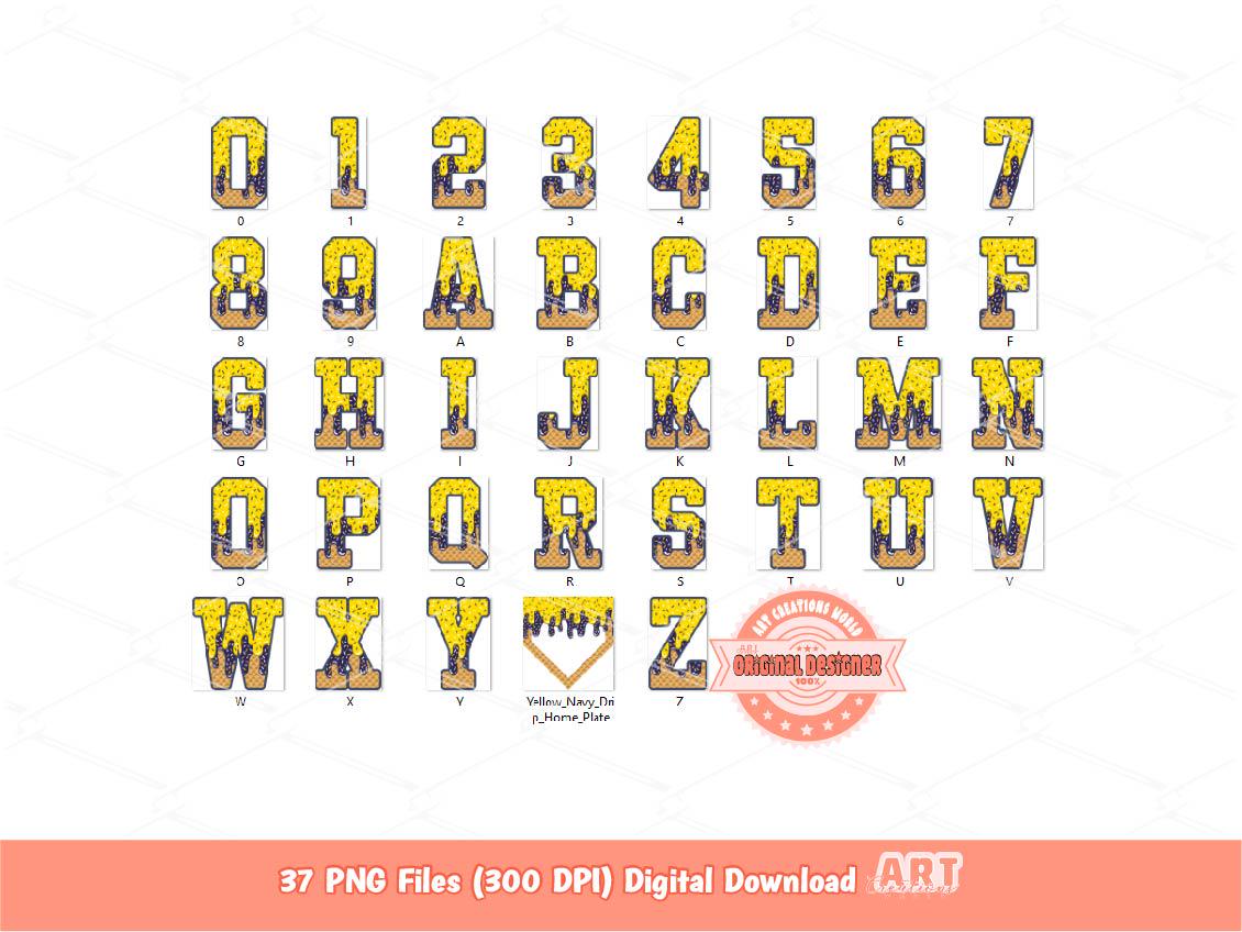 Yellow Navy Drip Alphabet Home Plate PNG Bundle, Trendy Drippy Sprinkle Ice Cream Sports letters & numbers 0-9 Clipart Waffle Cone Alpha Set