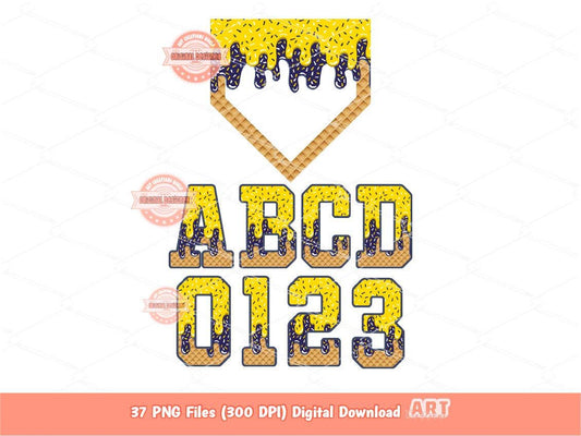 Yellow Navy Drip Alphabet Home Plate PNG Bundle, Trendy Drippy Sprinkle Ice Cream Sports letters & numbers 0-9 Clipart Waffle Cone Alpha Set
