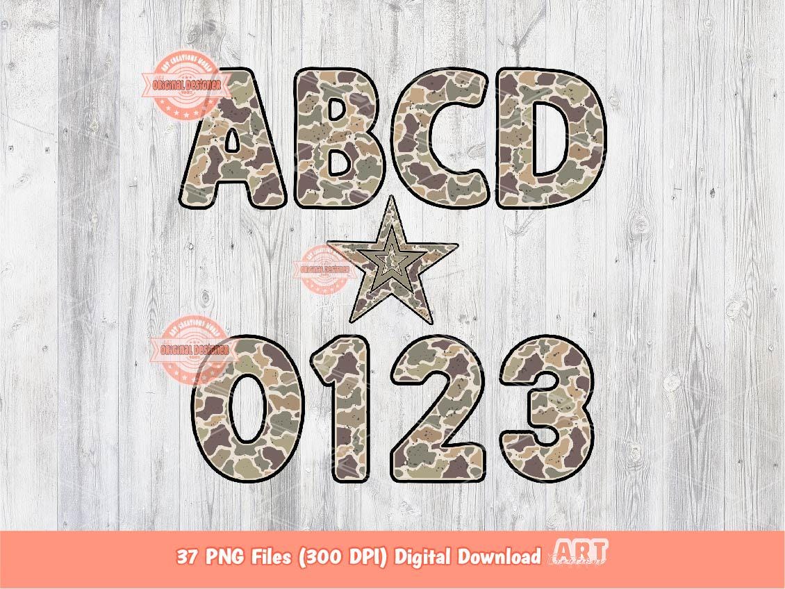 Distressed Camo Alphabet PNG, Hunting Army letters & numbers 0-9 Clipart Retro Old School grade Camouflage Alpha Set Png Digital Download