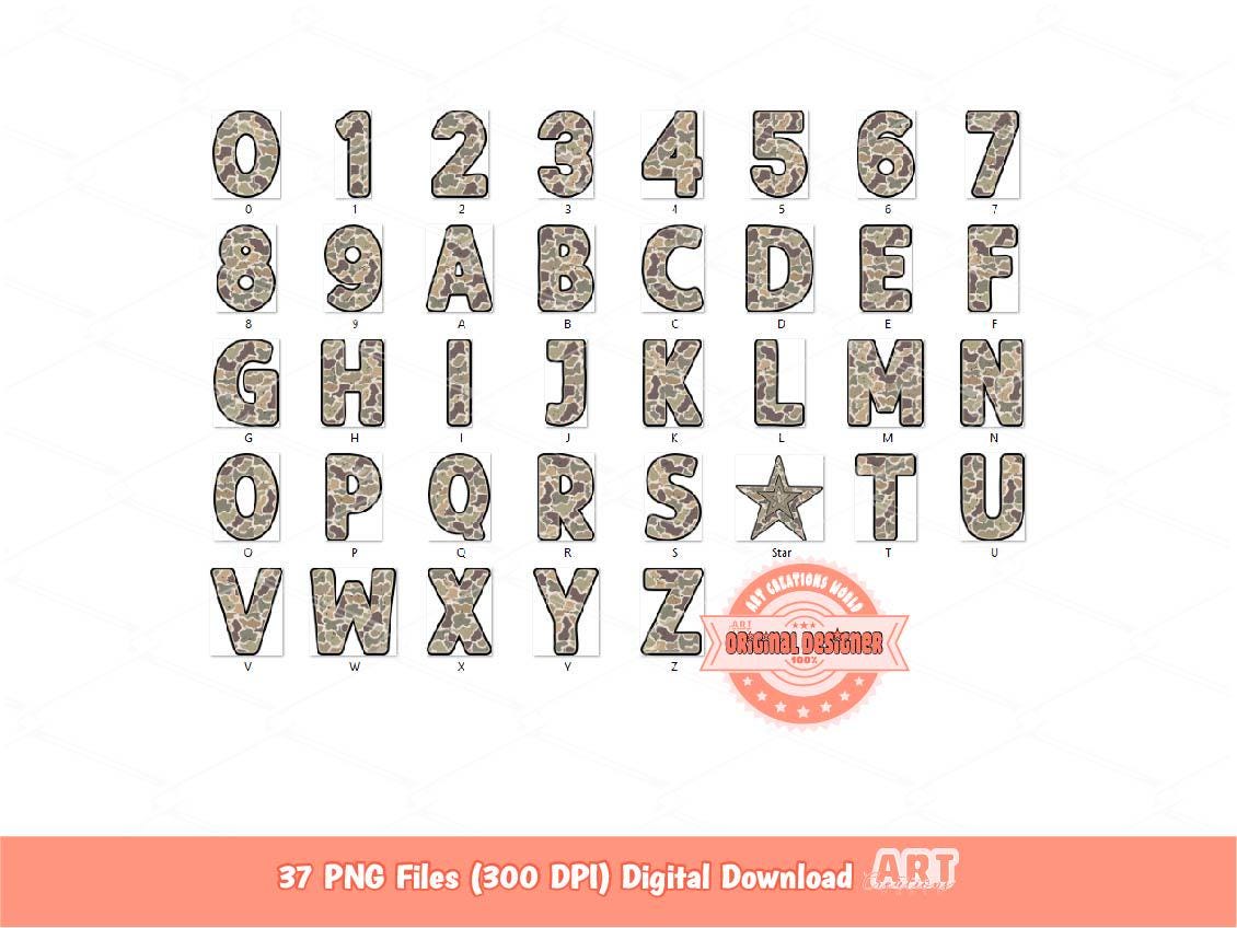 Distressed Camo Alphabet PNG, Hunting Army letters & numbers 0-9 Clipart Retro Old School grade Camouflage Alpha Set Png Digital Download