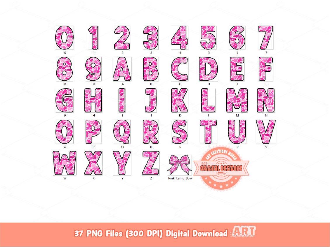 Pink Distressed Camo Alphabet PNG, Girls Hunting Army Bow letters & numbers 0-9 Clipart Old School Camouflage Alpha Set Png Digital Download