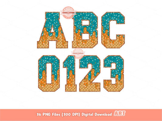Orange Teal Drip Varsity Alphabet PNG, Drippy Sprinkle Ice Cream Sports letters, numbers 0-9 Clipart, Waffle Cone Alpha Set Digital Download