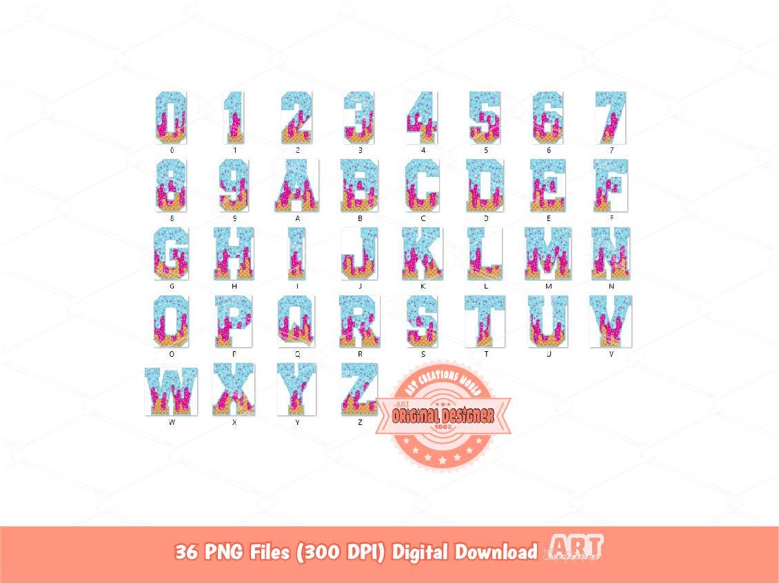 Pink Blue Drip Varsity Alphabet PNG, Trendy Drippy Ice Cream Sports letters and numbers 0-9 Clipart, Waffle Cone Alpha Set Digital Download