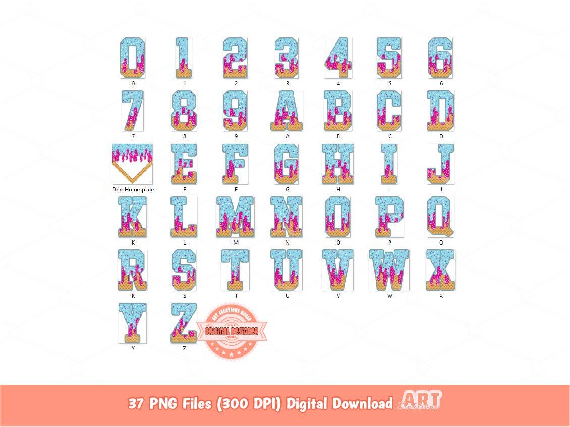 Pink Blue Drip Alphabet Home Plate PNG Bundle, Trendy Drippy Sprinkle Ice Cream Sports letters & numbers 0-9 Clipart Waffle Cone Alpha Set