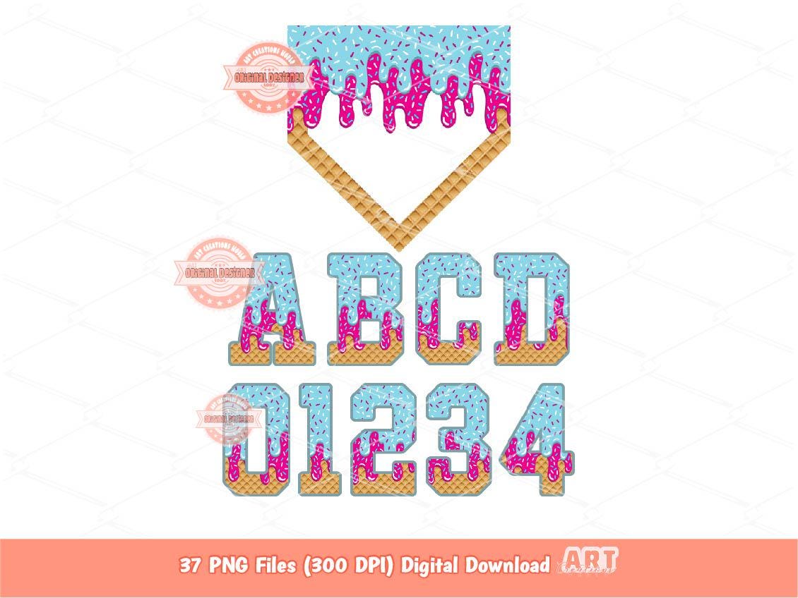 Pink Blue Drip Alphabet Home Plate PNG Bundle, Trendy Drippy Sprinkle Ice Cream Sports letters & numbers 0-9 Clipart Waffle Cone Alpha Set