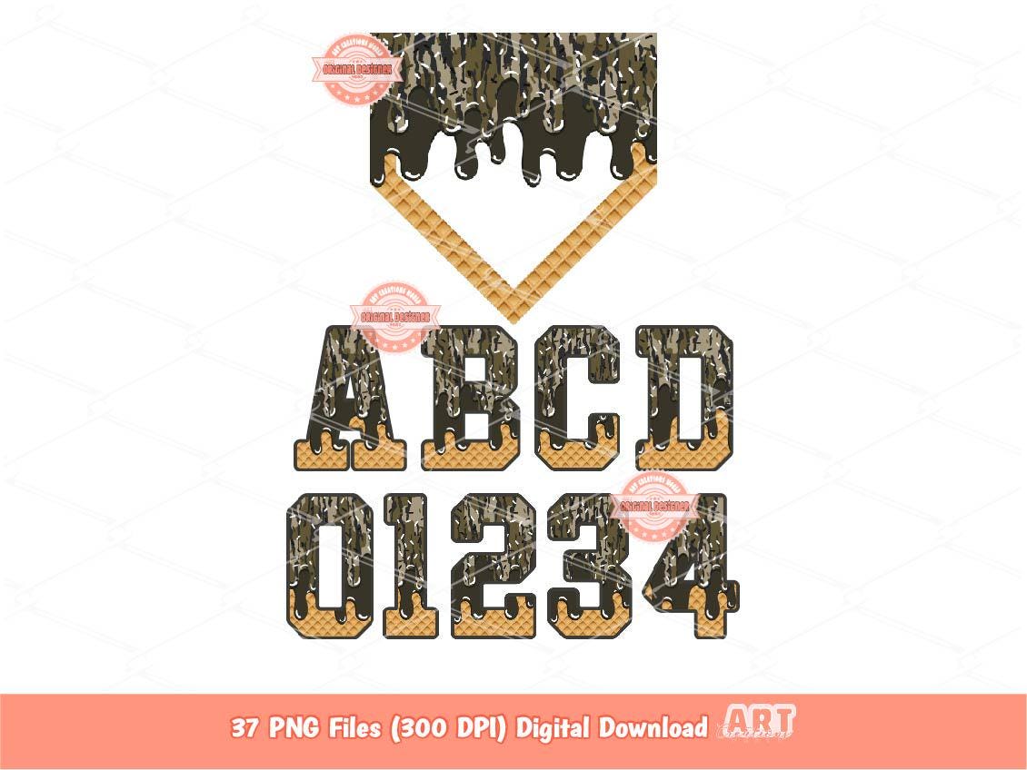 Bottomland Camo Drip Alphabet and Home Plate PNG Bundle, Hunting Ice Cream Boys Sports letters & numbers 0-9 Clipart Waffle Cone Alpha Set