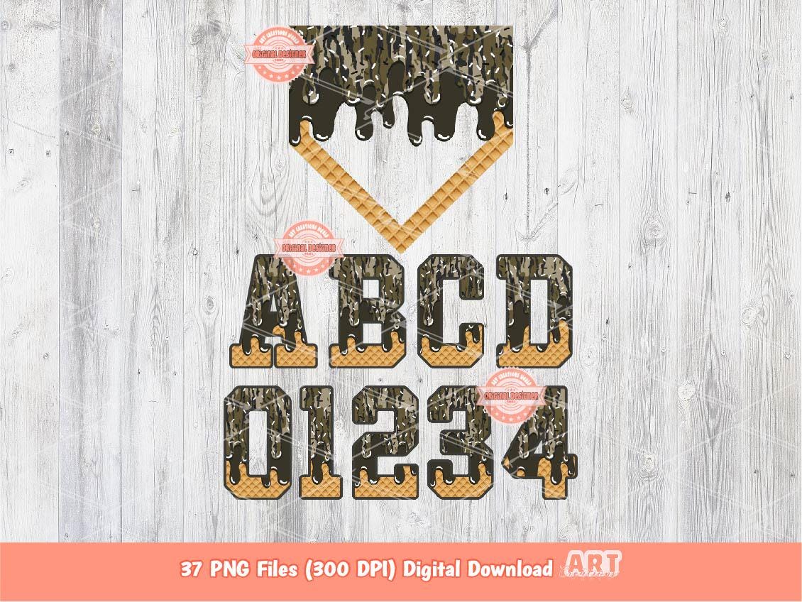 Bottomland Camo Drip Alphabet and Home Plate PNG Bundle, Hunting Ice Cream Boys Sports letters & numbers 0-9 Clipart Waffle Cone Alpha Set
