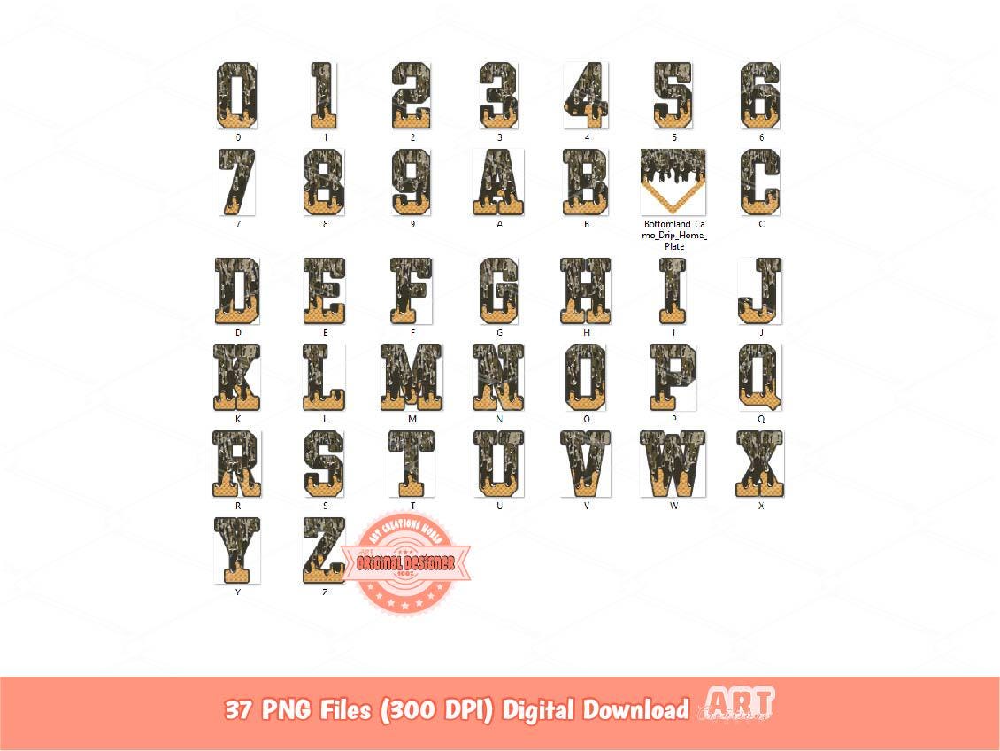 Bottomland Camo Drip Alphabet and Home Plate PNG Bundle, Hunting Ice Cream Boys Sports letters & numbers 0-9 Clipart Waffle Cone Alpha Set