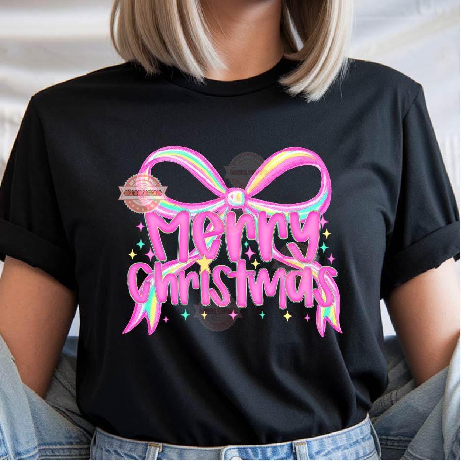 Preppy Pink Merry Christmas PNG, Coquette Bright Neon Pink Christmas with Bow Png sublimation Trendy Girls Shirt Design Digital Download