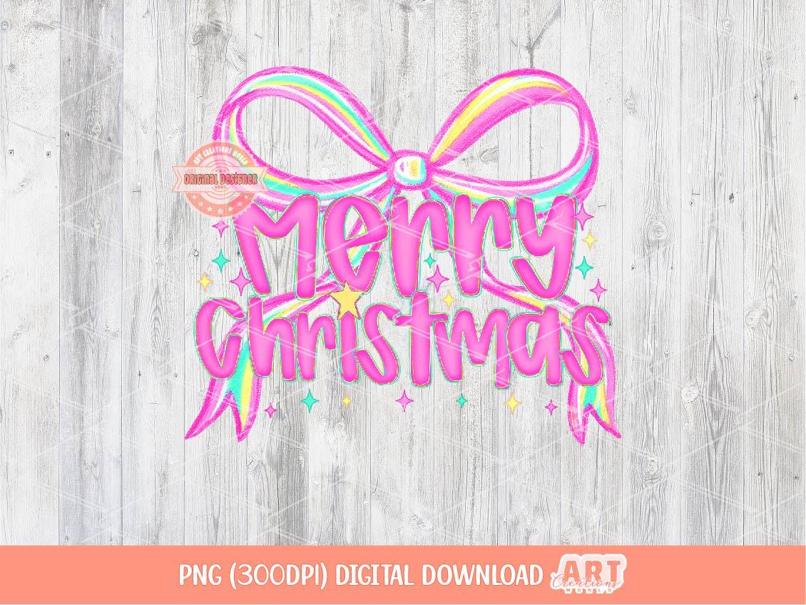Preppy Pink Merry Christmas PNG, Coquette Bright Neon Pink Christmas with Bow Png sublimation Trendy Girls Shirt Design Digital Download