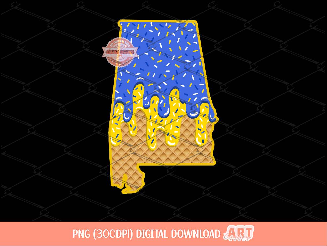 Blue Gold Drip Alabama PNG, Custom Drippy Sprinkle Ice Cream US State Waffle Cone Png for Sublimation & dtf Shirt Design Digital Download