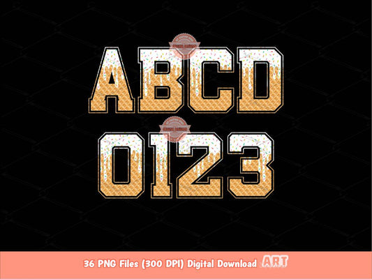White Drip Varsity Alphabet PNG, Drippy Sprinkle Vanilla Ice Cream Sports letters & numbers 0-9 Clipart, Waffle Cone Alpha Digital Download