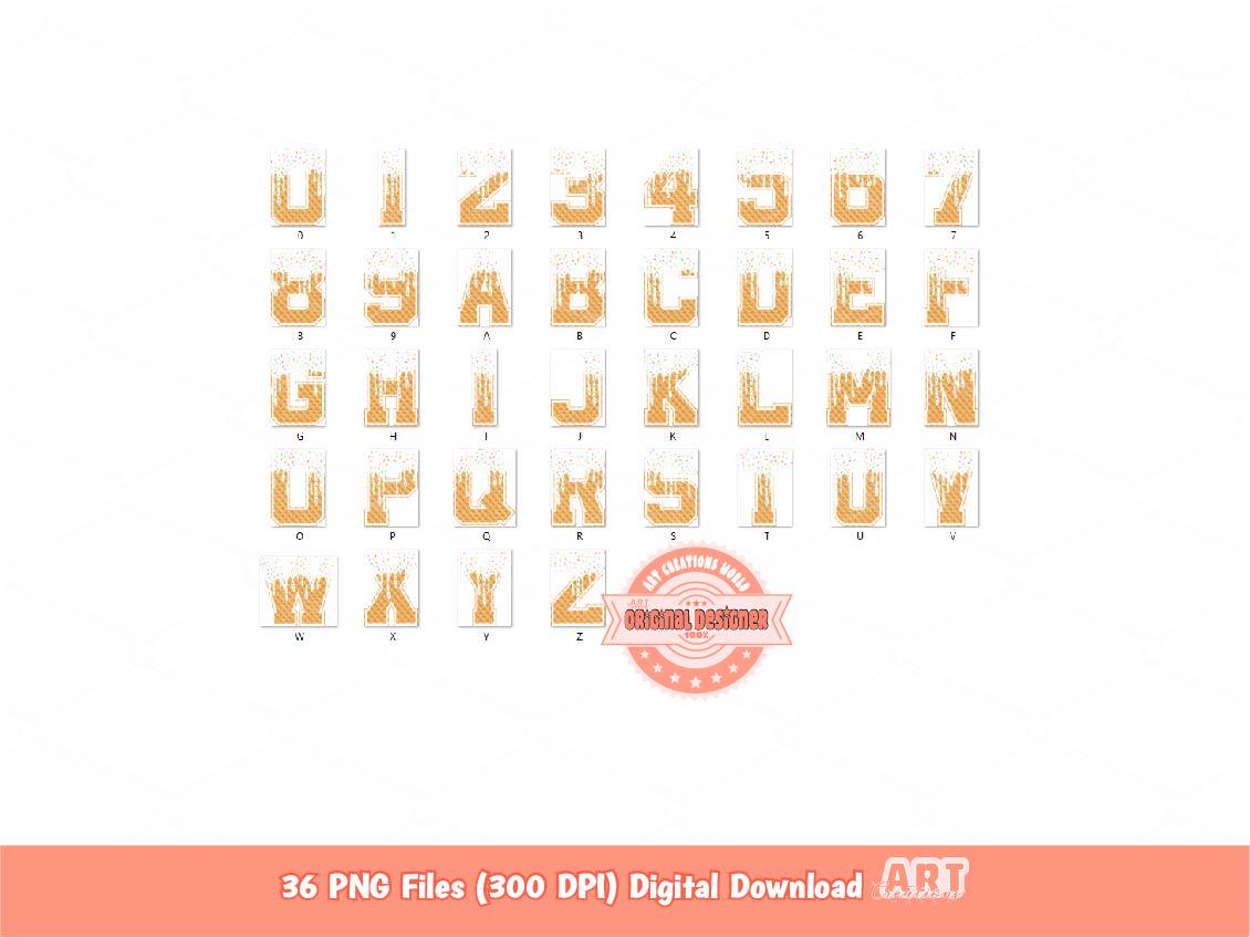 White Drip Varsity Alphabet PNG, Drippy Sprinkle Vanilla Ice Cream Sports letters & numbers 0-9 Clipart, Waffle Cone Alpha Digital Download