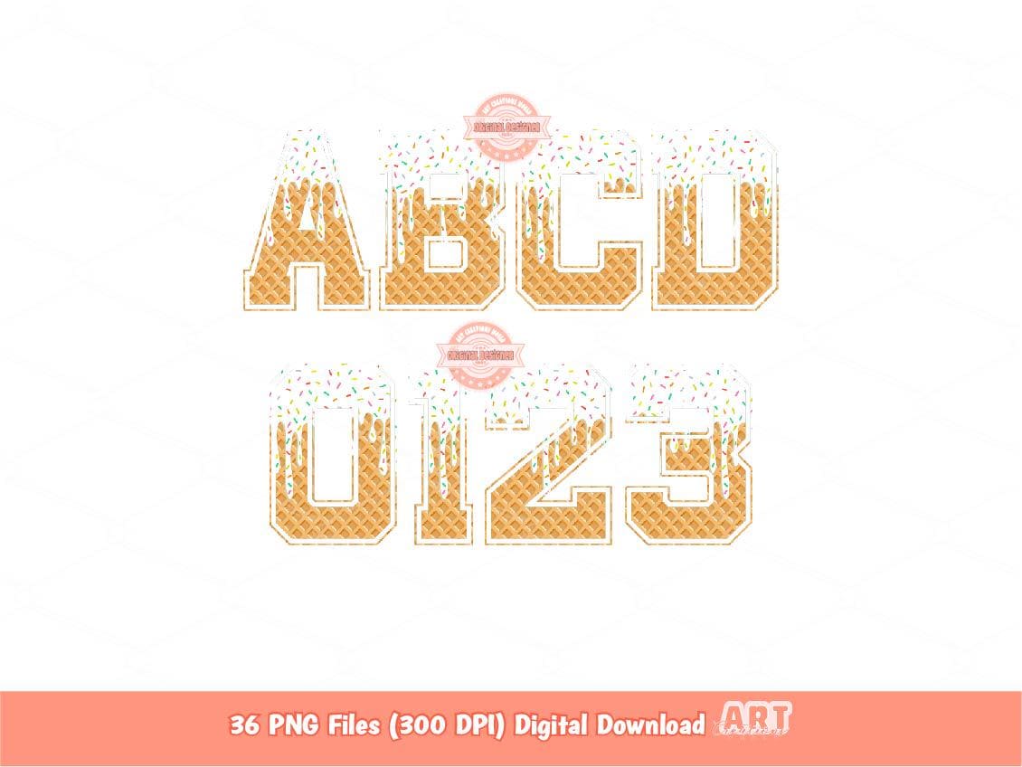 White Drip Varsity Alphabet PNG, Drippy Sprinkle Vanilla Ice Cream Sports letters & numbers 0-9 Clipart, Waffle Cone Alpha Digital Download