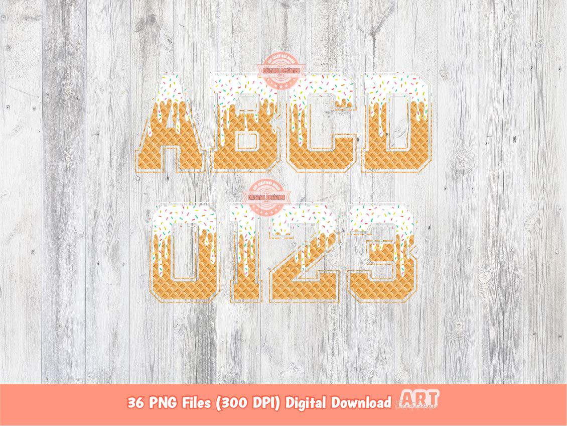 White Drip Varsity Alphabet PNG, Drippy Sprinkle Vanilla Ice Cream Sports letters & numbers 0-9 Clipart, Waffle Cone Alpha Digital Download