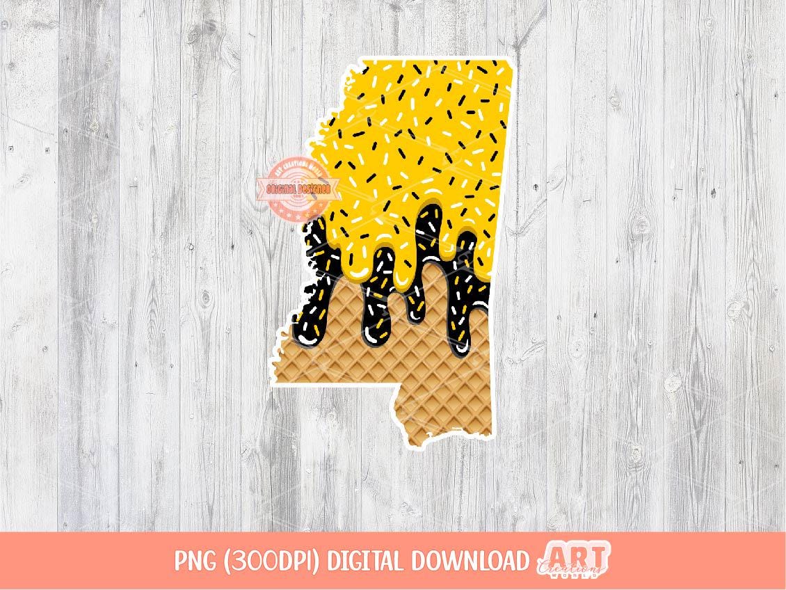 Gold Black Drip Mississippi PNG, Custom Drippy Ice Cream US State Waffle Cone, Trendy MS Map Sublimation & dtf Shirt Design Digital Download