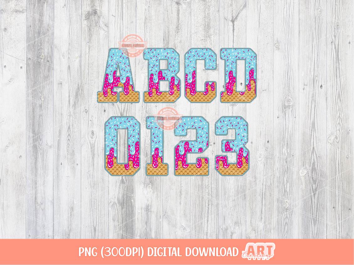 Pink Blue Drip Letters & Numbers PNG, Trendy Drippy Sprinkle Ice Cream Sports Alphabet Set Clipart Waffle Baseball Alpha Digital Download