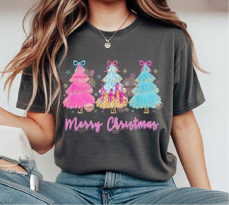 Preppy Pink Drip Christmas Png, Coquette Bright Neon Pink Blue Ice Cream Merry Christmas 3 trees with Bows gold Glitter sublimation, Dtf