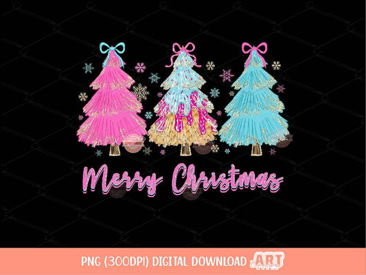 Preppy Pink Drip Christmas Png, Coquette Bright Neon Pink Blue Ice Cream Merry Christmas 3 trees with Bows gold Glitter sublimation, Dtf