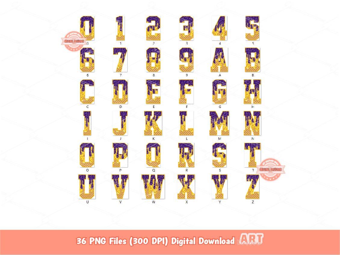 Purple Gold Drip Alphabet PNG, Trendy Drippy Sprinkle Ice Cream Sports Letters & Numbers Clipart Waffle Football Alpha Png Digital Download