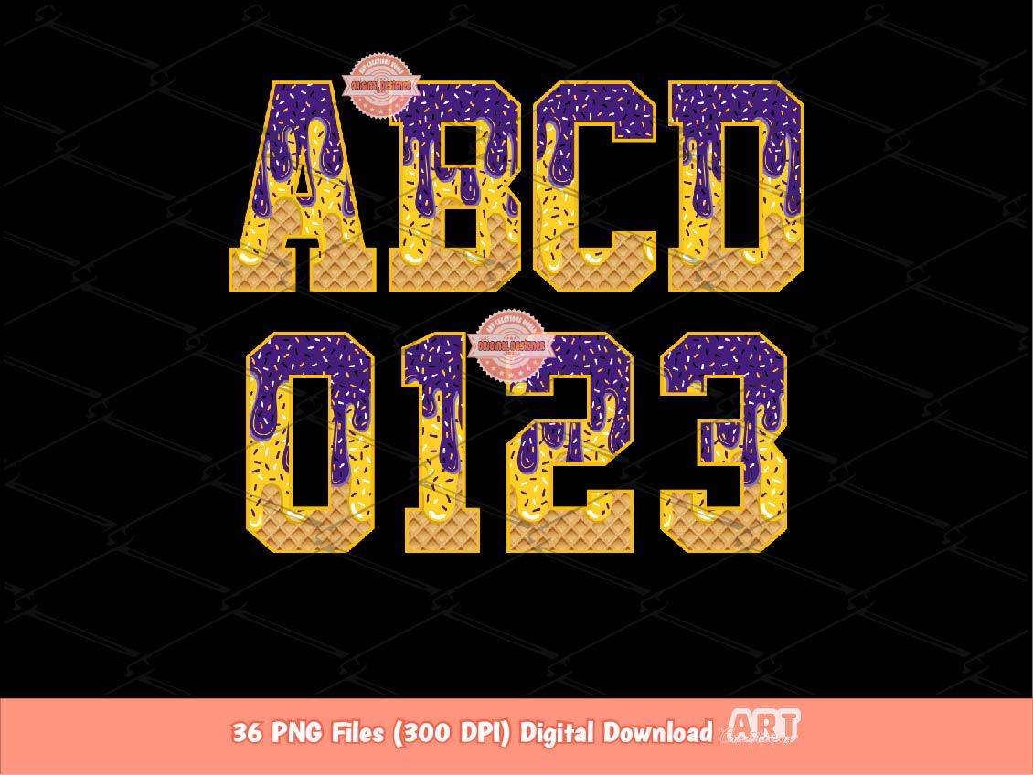 Purple Gold Drip Alphabet PNG, Trendy Drippy Sprinkle Ice Cream Sports Letters & Numbers Clipart Waffle Football Alpha Png Digital Download