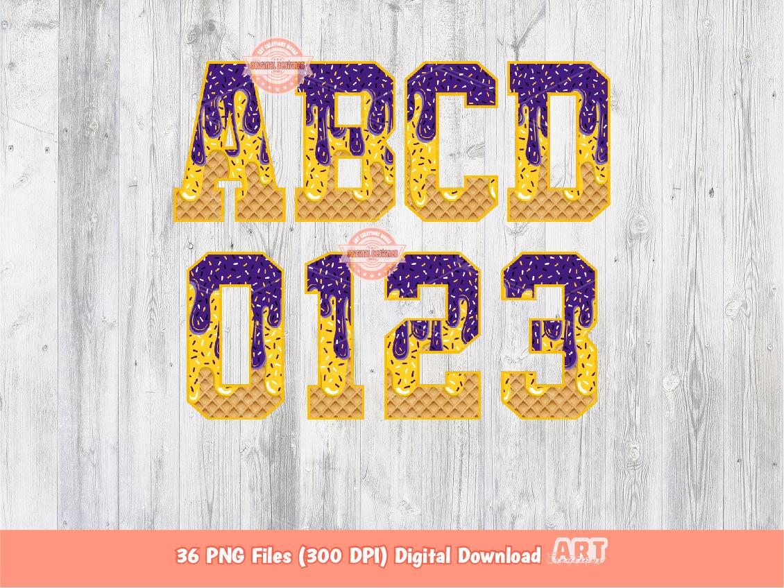Purple Gold Drip Alphabet PNG, Trendy Drippy Sprinkle Ice Cream Sports Letters & Numbers Clipart Waffle Football Alpha Png Digital Download