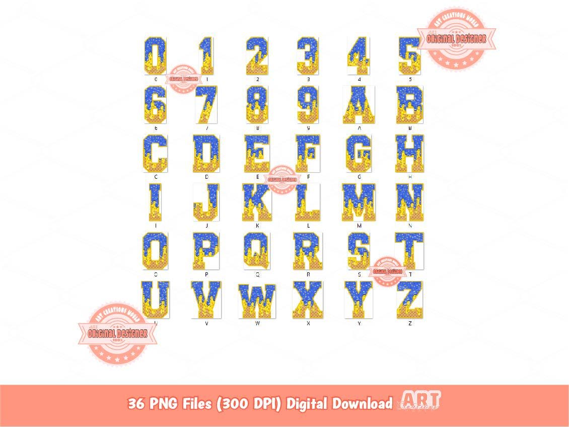 Blue Gold Drip Varsity Alphabet PNG, Drippy Sprinkle Ice Cream Sports letters, numbers 0-9 Clipart, Waffle Cone Alpha Set Digital Download