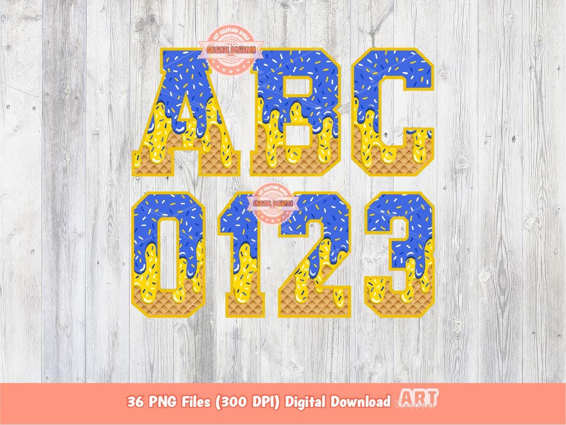 Blue Gold Drip Varsity Alphabet PNG, Drippy Sprinkle Ice Cream Sports letters, numbers 0-9 Clipart, Waffle Cone Alpha Set Digital Download
